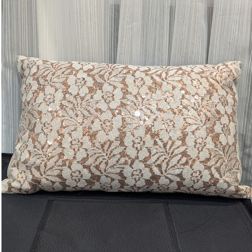 Urban Outfitters Floral Lace Sequin Lumbar Throw Pillow Rose Gold Decorative